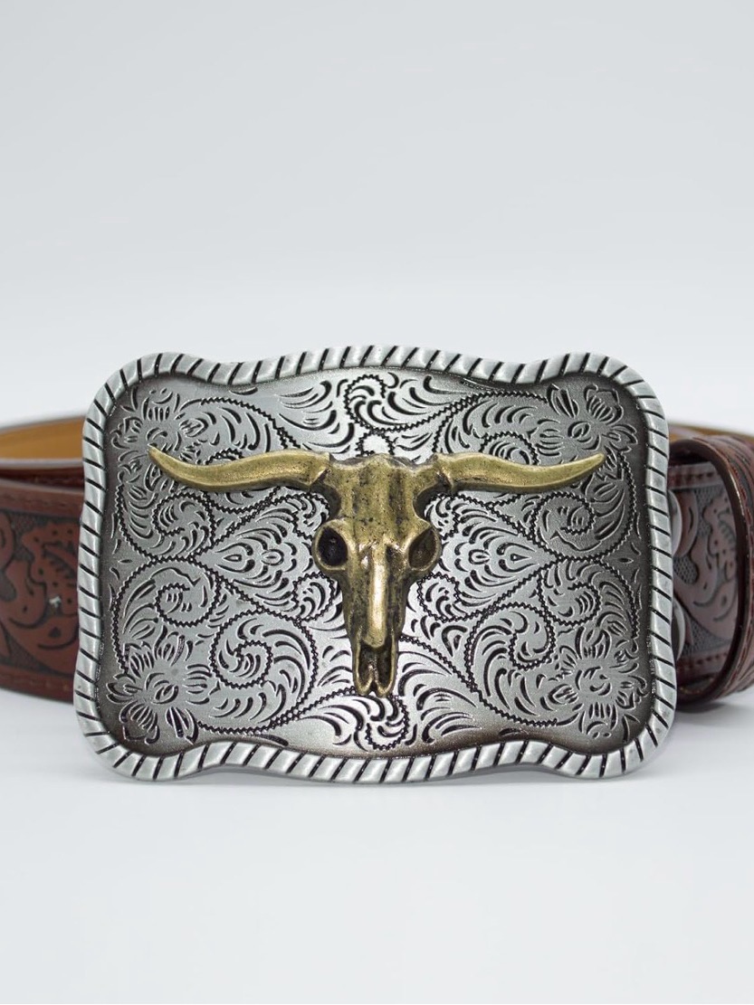Western Longhorn Buckle Belt In Silver And Gold